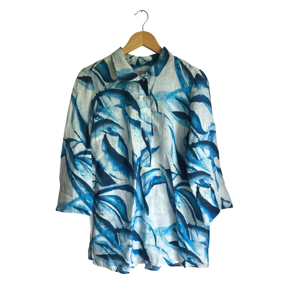 Chicos Blue White Tropical Leaf Print 100% Linen Tunic Top Size 1 US 8/10